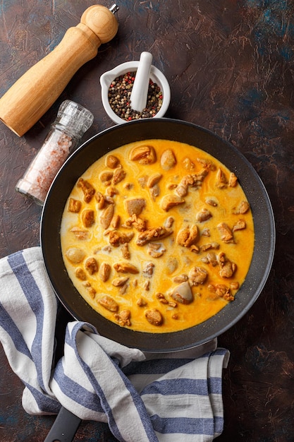 Chicken fillet cut into small pieces for frying in pan