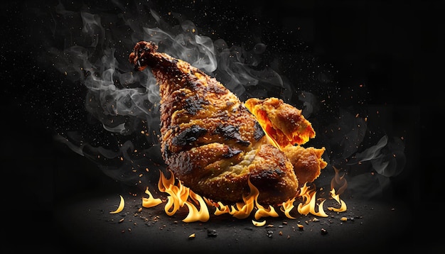 A chicken on a fire with flames and smoke around it.