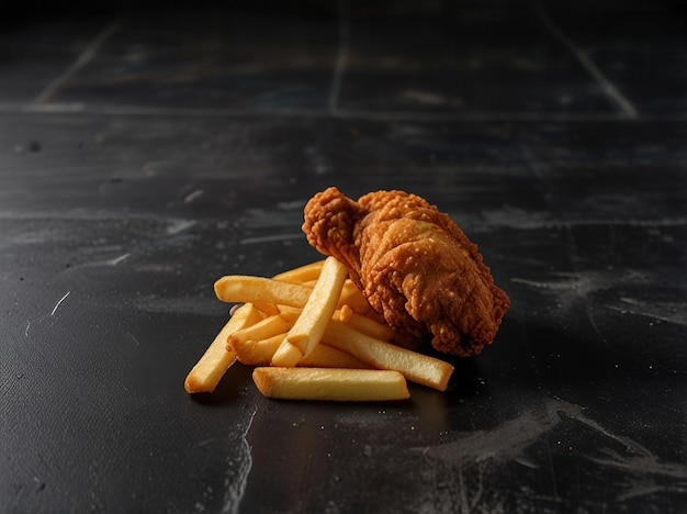 a chicken and french fries are on a black table