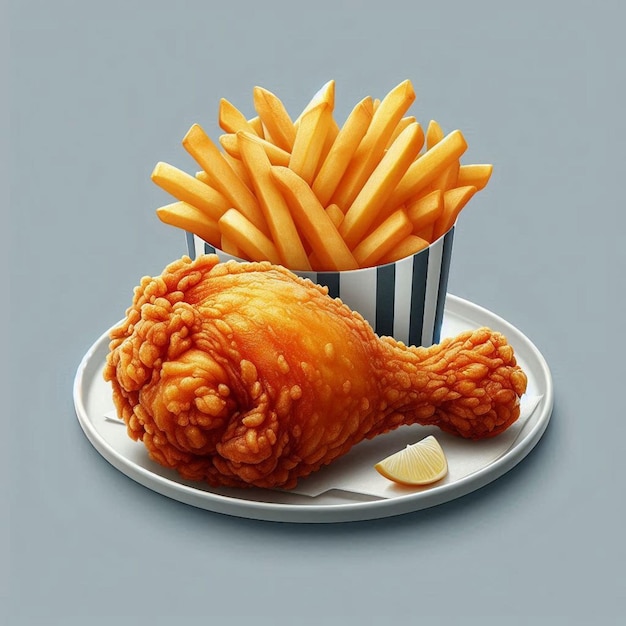 Photo a chicken and french fries are on a plate with a chicken on it