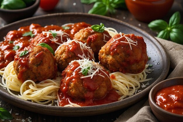 Photo chicken fried meatballs with marinara sauce and grated