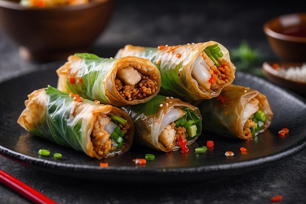 Photo chicken fried spring rolls with a side of soy sauce