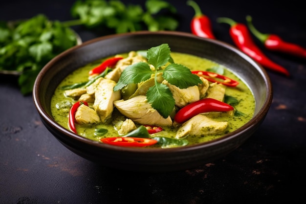 Photo chicken green curry in a bowl