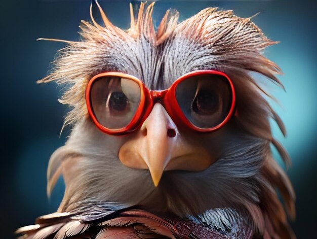 Photo chicken head with glasses on blue background