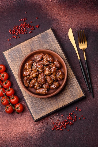 Chicken hearts fried in soy sauce with salt and spices in a plate