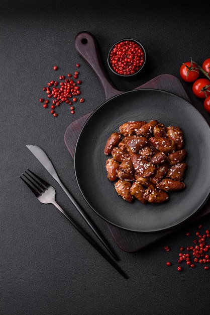 Chicken hearts fried in soy sauce with salt and spices in a plate