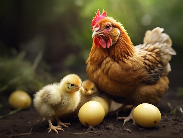 a chicken and her chicks are on the ground with eggs