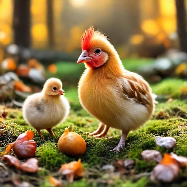 a chicken and her chicks are standing in the grass