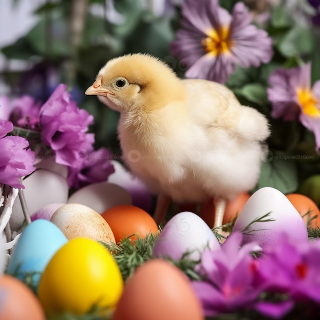 A chicken is among colorful easter eggs and a purple flower is in the background.