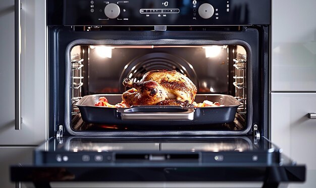 Photo a chicken is cooking in an oven with a turkey in the oven