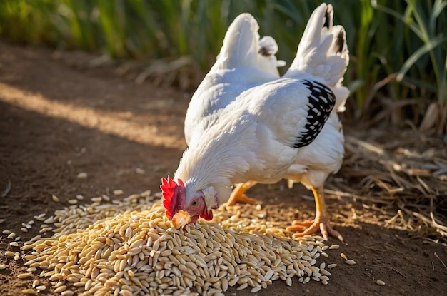 a chicken is eating some grain from the ground