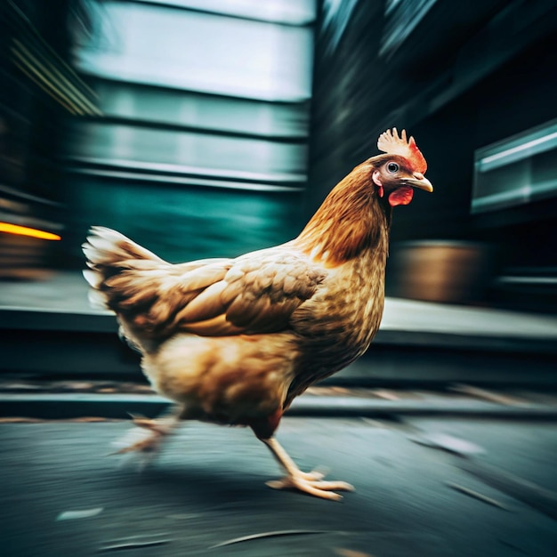 Photo a chicken is running in a blurry picture with a blurry background