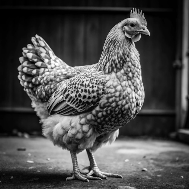 a chicken is standing in a black and white photo