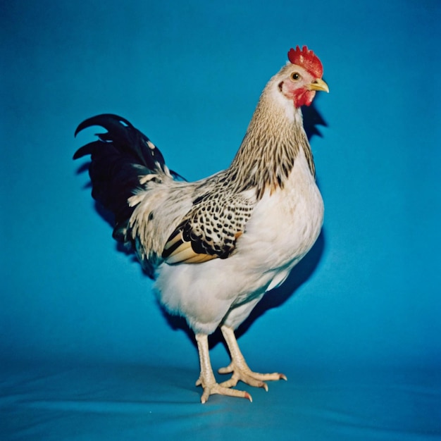 a chicken is standing on a blue background with a red head