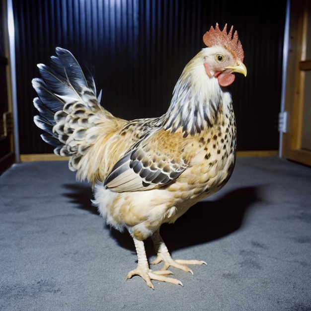 Photo a chicken is standing on a carpet in a room