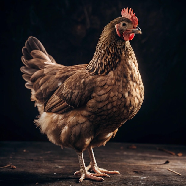 a chicken is standing on a wooden table with a black background