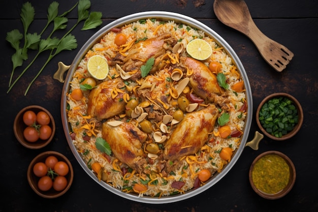 Chicken Kabsa Homemade Arabian biryani overhead view