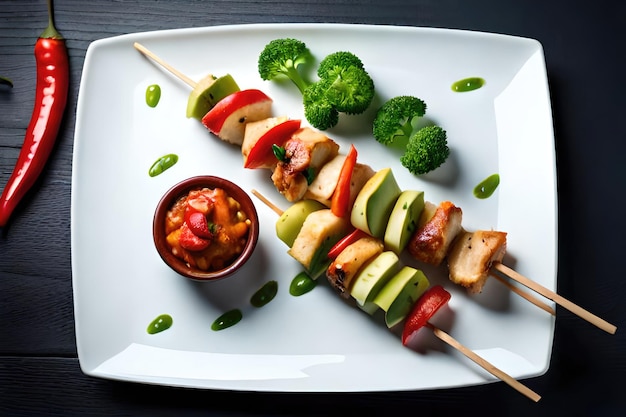 Chicken kebab skewers on a plate over light grey slate stone or concrete background