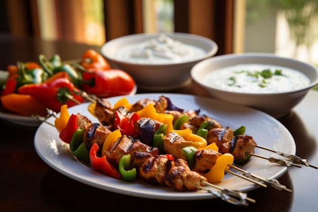 Photo chicken kebabs with grilled bell peppers and a side