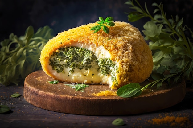 Chicken kiev in thick crispy crust sprinkled with greasy herbs created with generative ai