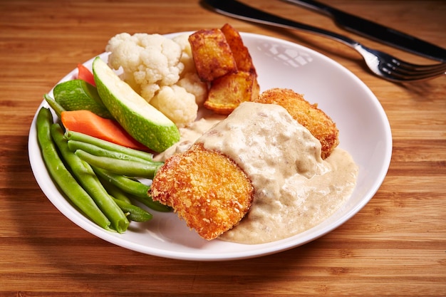 Chicken Kiev with cucumber and califlower served in dish isolated on table side view of middle east food