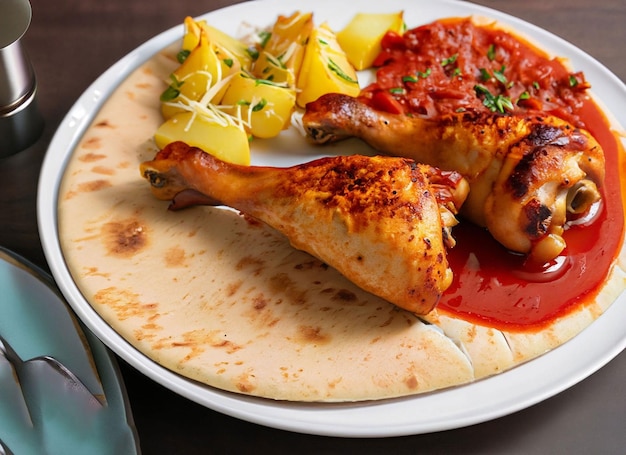 Chicken legs served on flatbread a plate of potatoes and tomato sauce