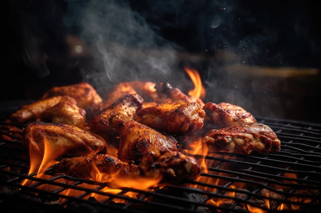 Chicken legs and wings on the grill with flames AI generated