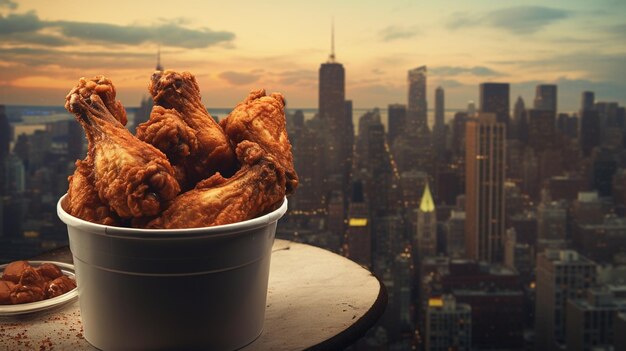 Photo chicken legs with red hot chili sauce in the evening at sunset