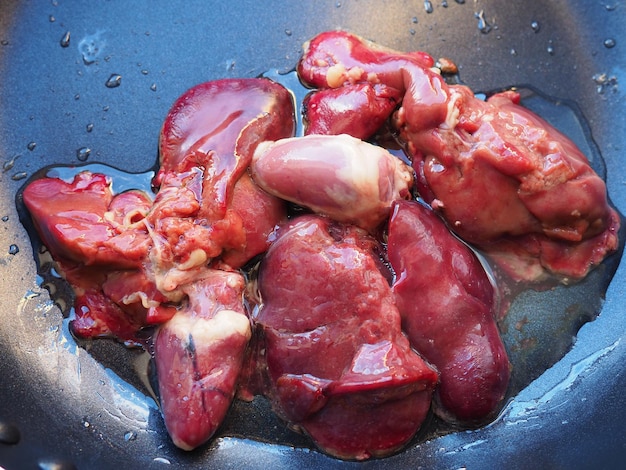 Chicken liver kidney and heart in a nonstick skillet Cooking food high in heme iron