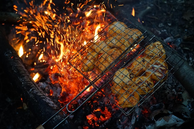 chicken meat on a metal grid and on fire The concept of recreation in nature