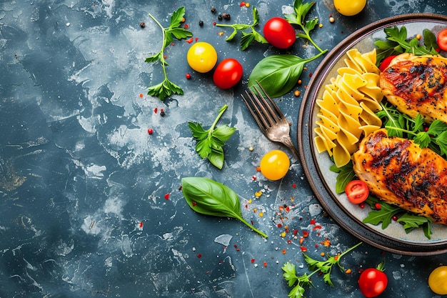 Photo chicken meat and noodle on a plate on a trivet next to vegetables