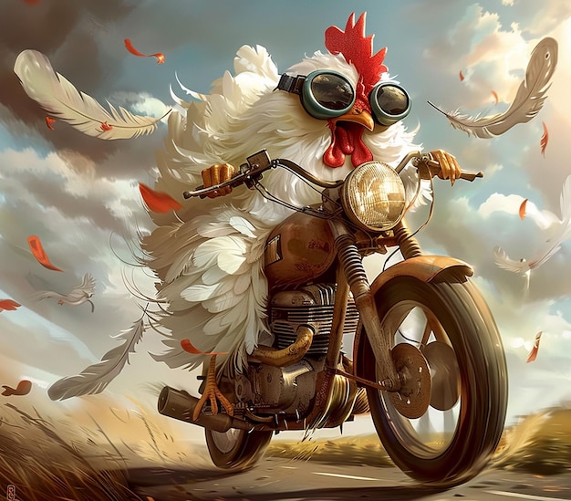 a chicken on a motorcycle with a bird on the front