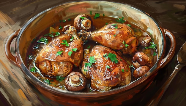 Chicken and Mushroom Stew in a Clay Pot