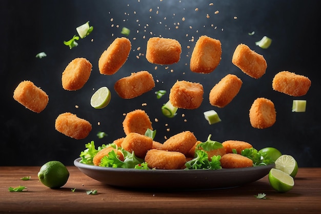 Chicken Nuggets in the air with lime and veg Mexican food