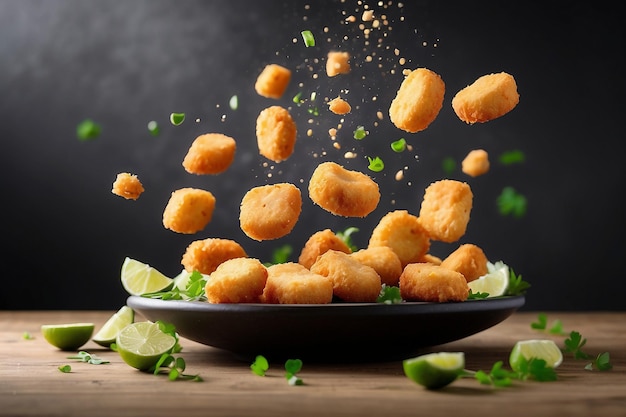 Chicken Nuggets in the air with lime and veg Mexican food