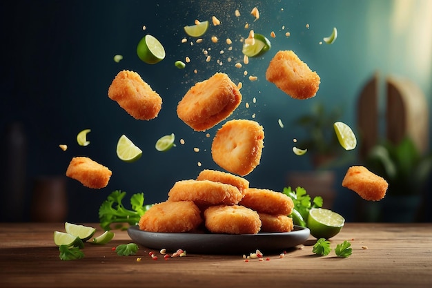 Chicken Nuggets in the air with lime and veg Mexican food