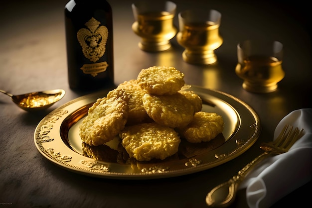 Chicken nuggets on a gold plate surrounded by expensive alcohol