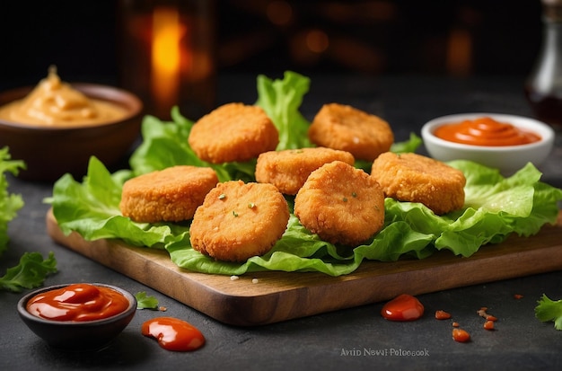 Chicken nuggets on lettuce with sauces