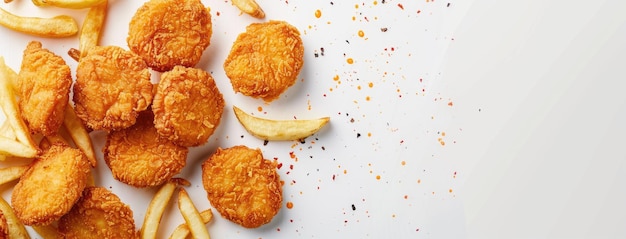 Photo chicken nuggets paired with fries against a soft white background offering ample copy space for promotional materials or food advertisements