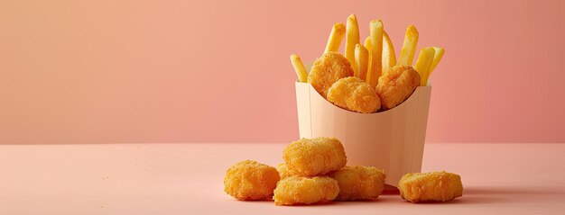 Photo chicken nuggets paired with fries against a soft white background offering ample copy space for promotional materials or food advertisements