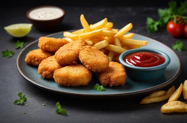 Chicken nuggets with fries and ketchuo