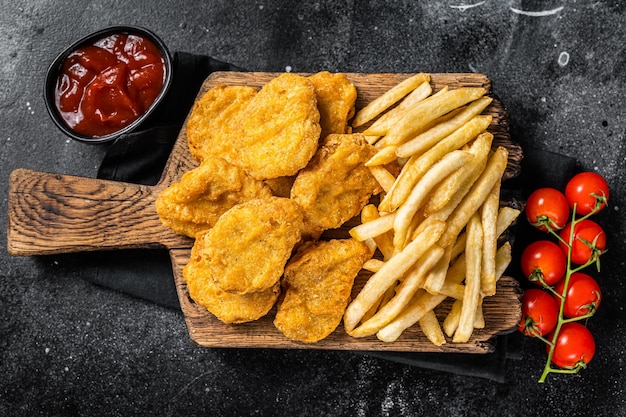 Chicken nuggets with ketchup and French fries on wooden board. Black background. Top view.