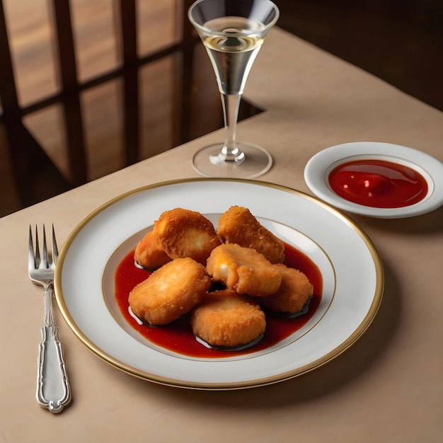 Chicken nuggets with sauce in luxurious plate