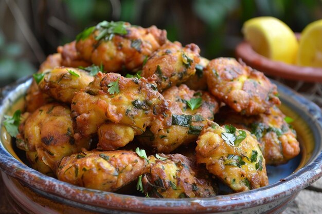 Photo chicken pakoda or pakorathree different flavors of pakora arranged in a white square plate