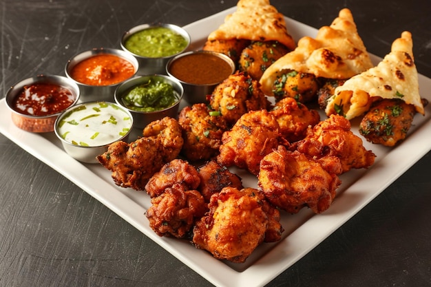 Photo chicken pakoda or pakorathree different flavors of pakora arranged in a white square plate