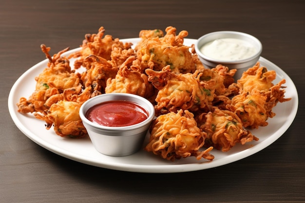 Chicken pakoda or pakorathree different flavors of pakora arranged in a white square plate