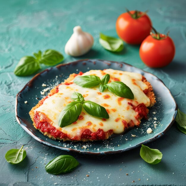 Photo chicken parmesan baked with marinara sauce and melted mozzarella cheese on blue plate