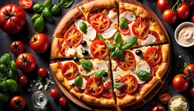 Chicken pizza tomato cheese top