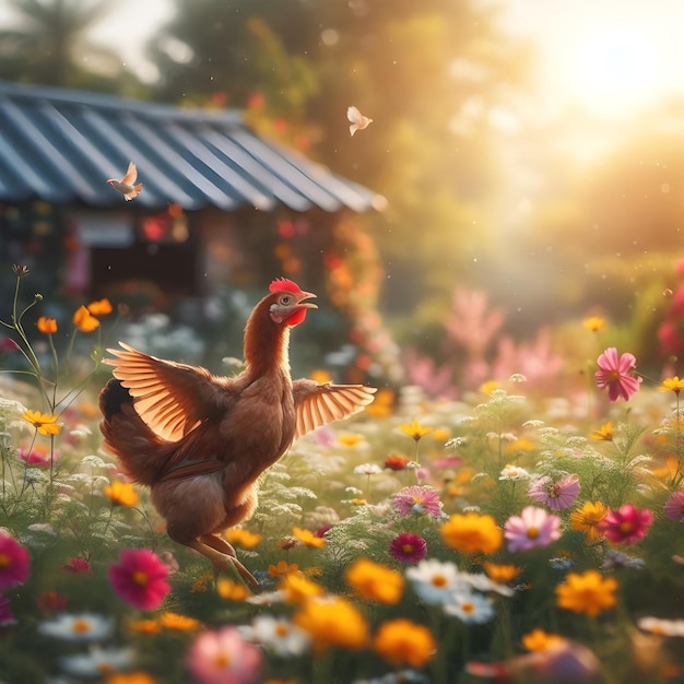 A chicken playing in a field of flowers