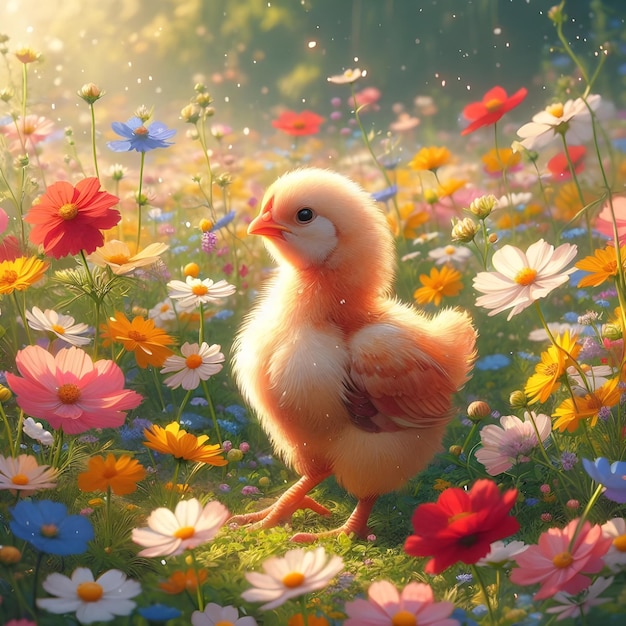 A chicken playing in a field of flowers